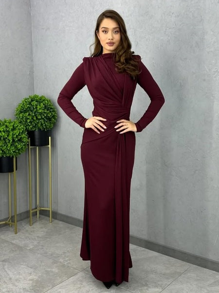 Long-Sleeved Waist-Cinching Pleated Slim Long Dress