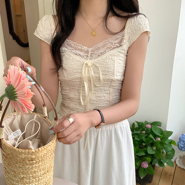 Aww! Texture Low Collar Stitching T-shirt