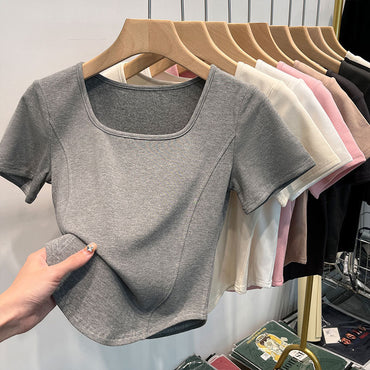 Square Collar Shoulder White Short-sleeved T-shirt