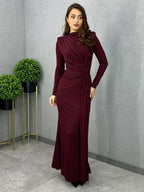 Long-Sleeved Waist-Cinching Pleated Slim Long Dress