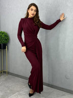 Long-Sleeved Waist-Cinching Pleated Slim Long Dress