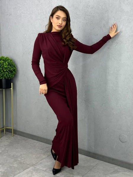 Long-Sleeved Waist-Cinching Pleated Slim Long Dress