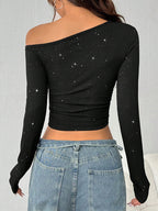 Aww! Rhinestone Slant Shoulder Long Sleeve T-shirt