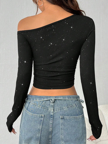Rhinestone Slant Shoulder Long Sleeve T-shirt