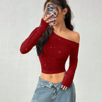 Aww! Rhinestone Slant Shoulder Long Sleeve T-shirt