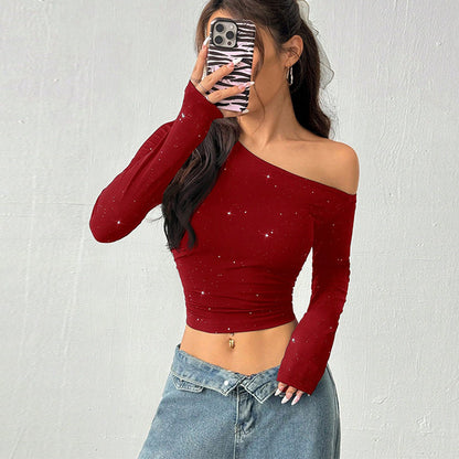 Aww! Rhinestone Slant Shoulder Long Sleeve T-shirt
