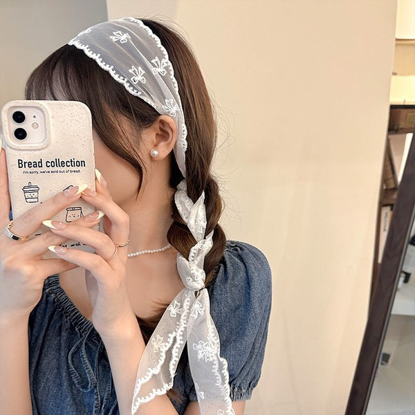 Mesh Bow Lace Scarf White Ribbon