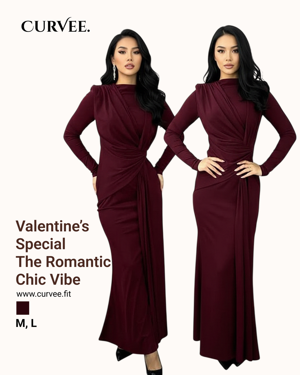 Aww! Long-Sleeved Waist-Cinching Pleated Slim Long Dress