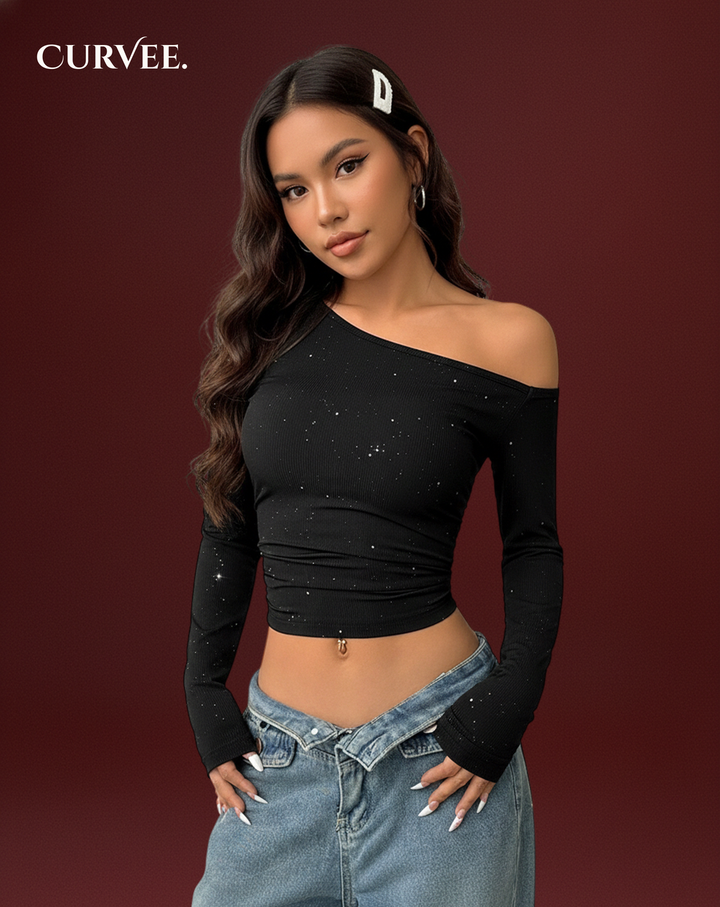 Aww! Rhinestone Slant Shoulder Long Sleeve T-shirt