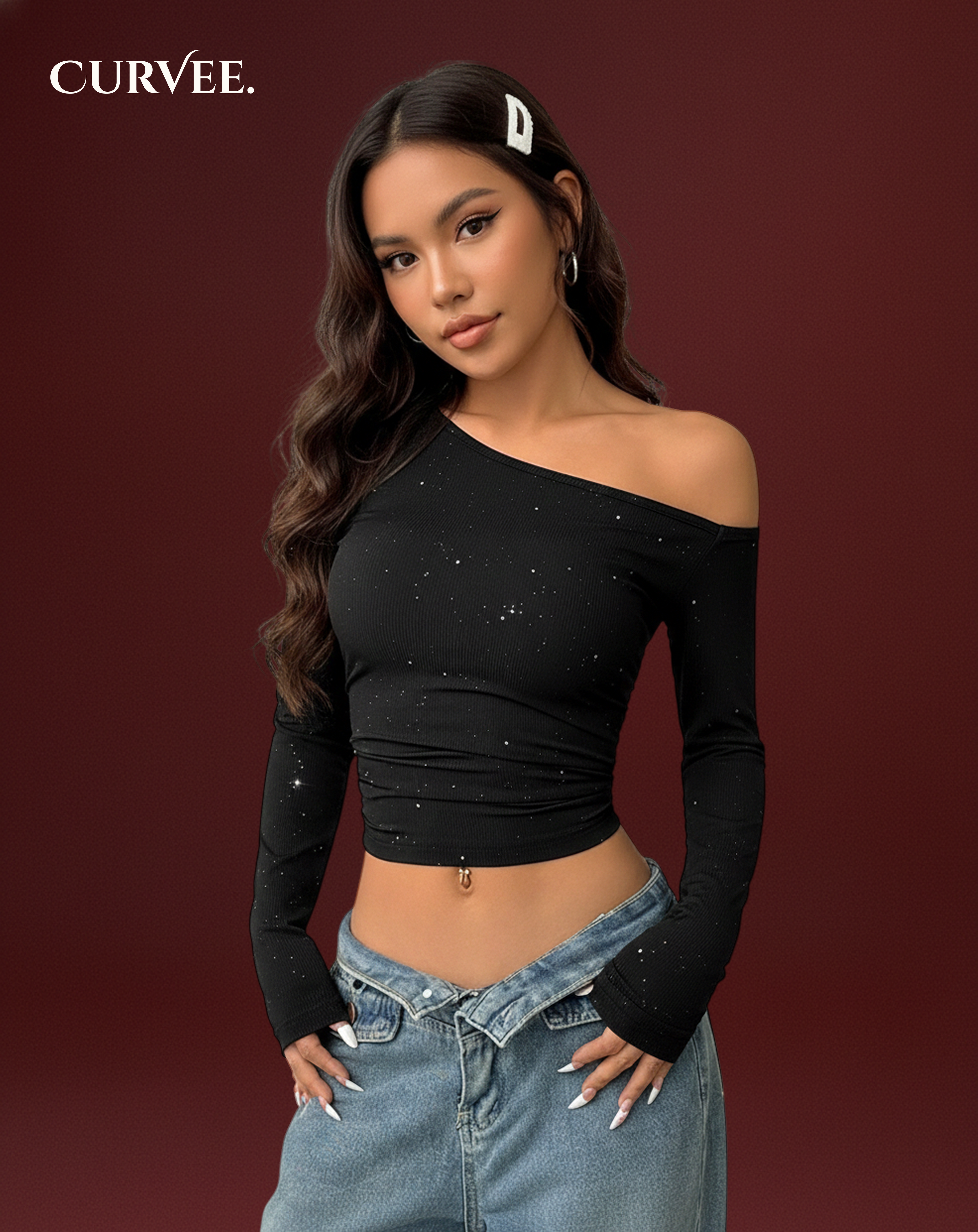 Aww! Rhinestone Slant Shoulder Long Sleeve T-shirt