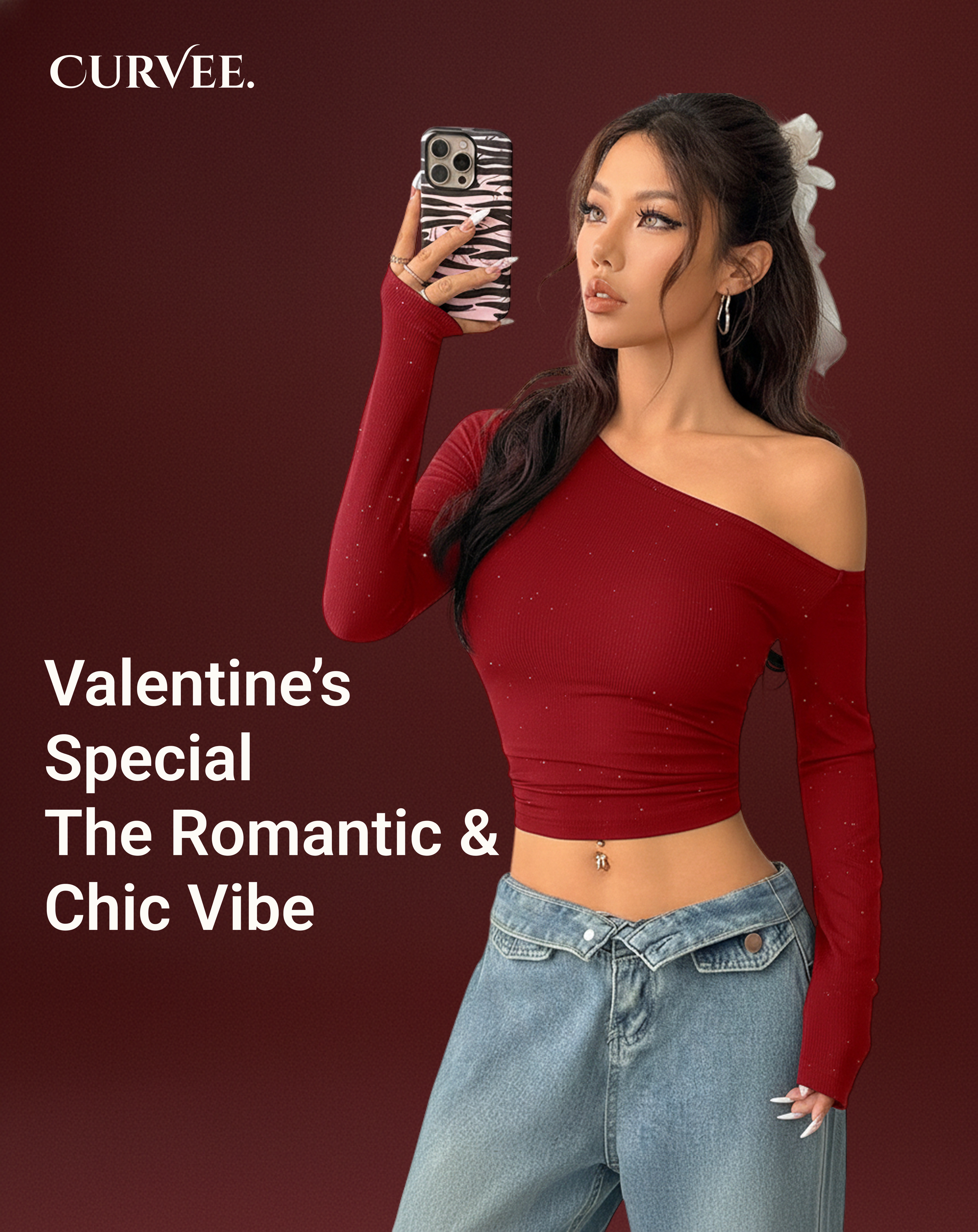 Aww! Rhinestone Slant Shoulder Long Sleeve T-shirt