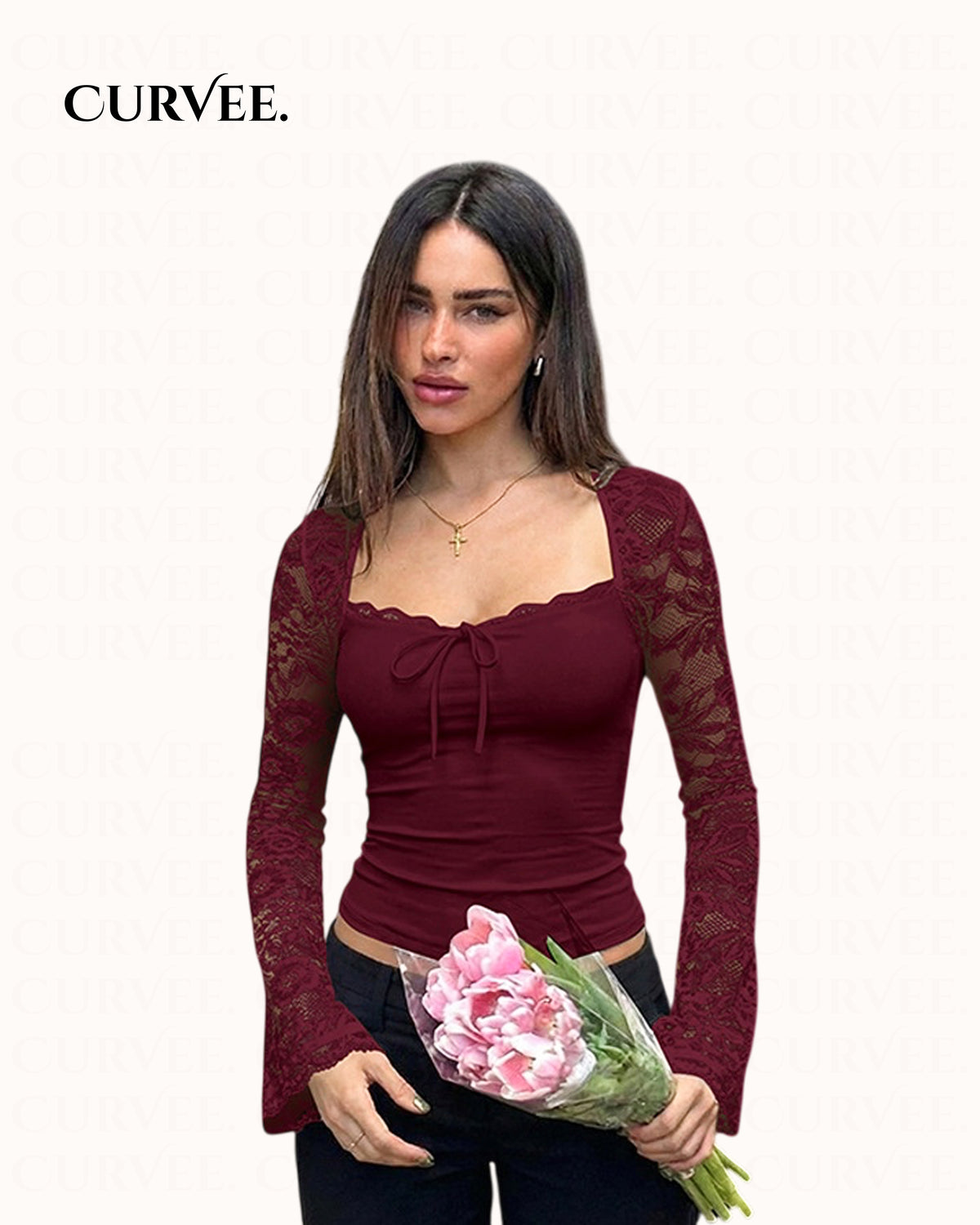Lace Splicing See-Through Lace-Up Long-Sleeved Tops