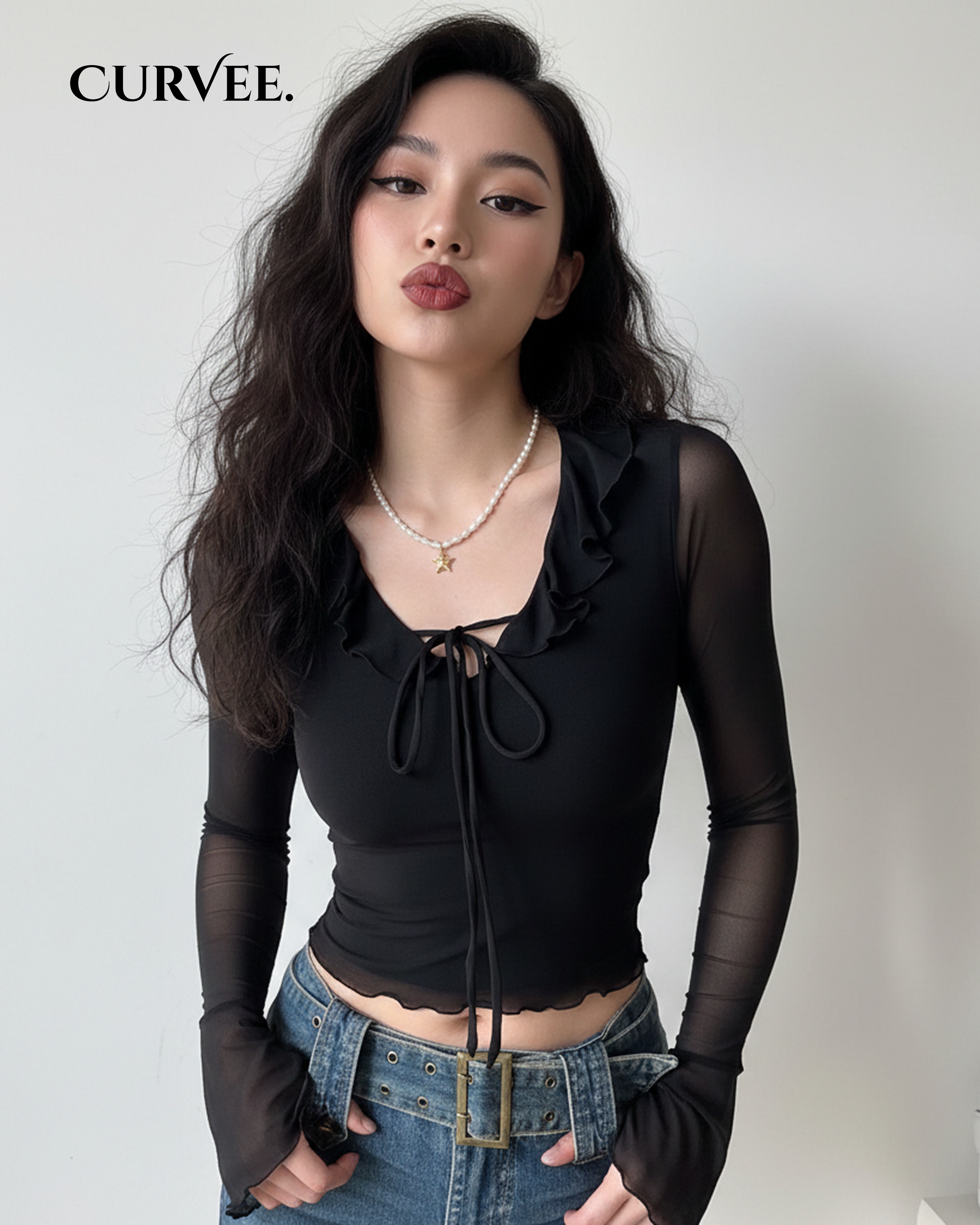 Ruffled Bell Sleeve Mesh See-Through Lace Top