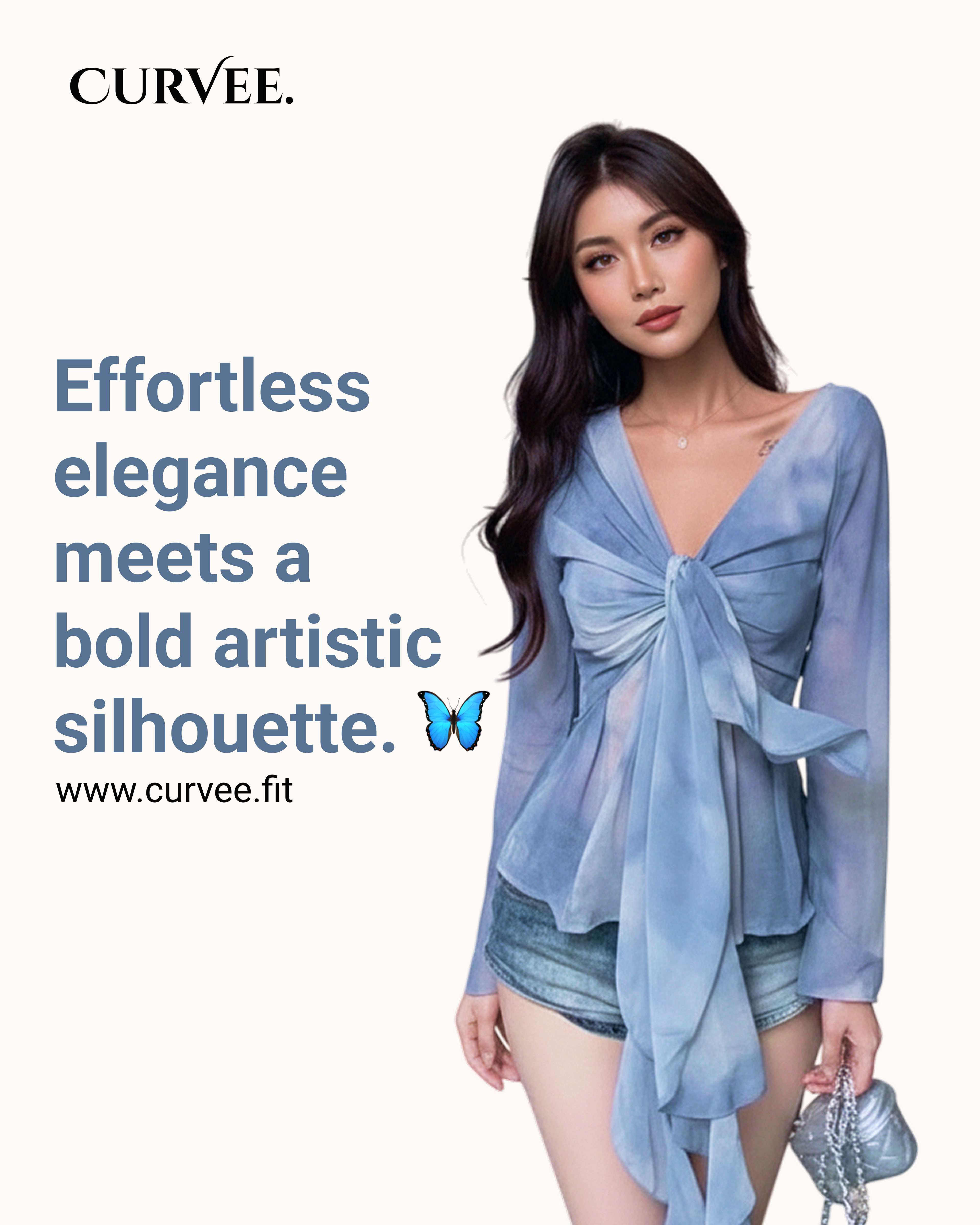 Aww! V-neck knotted ribbon long-sleeved shirt
