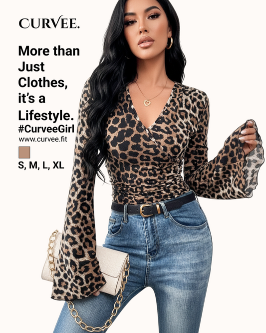 Cheetah Print Layered V-neck Slim-fit Soft Slimming Top