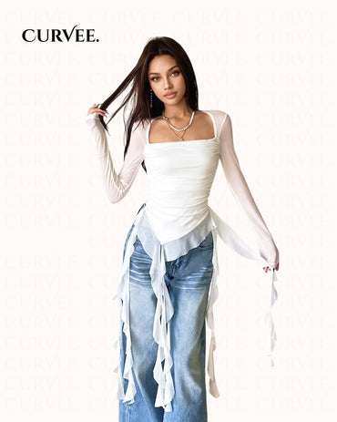 Ruffled Strap Shoulder T-shirt Top