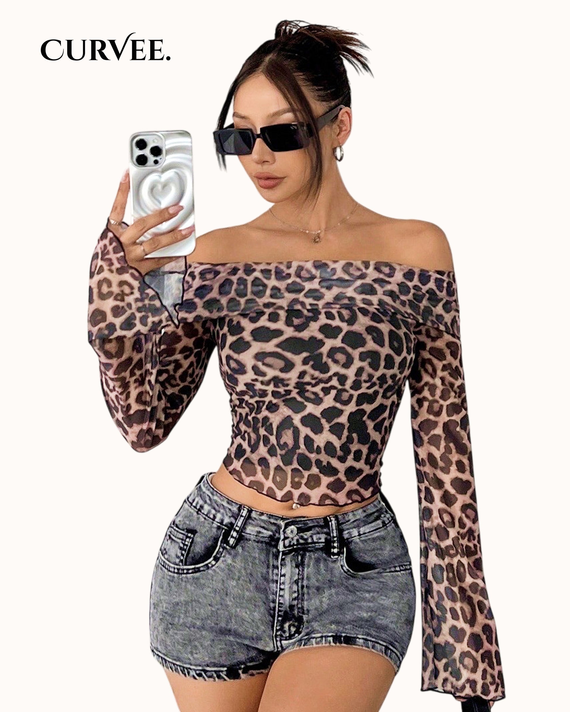 Off-shoulder Long-sleeved T-shirt Women's Leopard Print Top