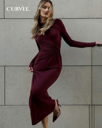 Aww! Long-Sleeved Waist-Cinching Pleated Slim Long Dress
